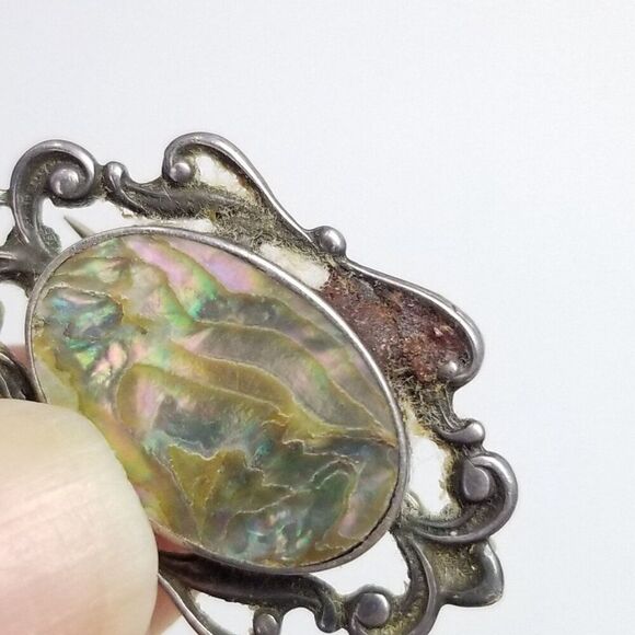Antique Sterling Silver Mother of Pearl Victorian Oval Brooch Scroll Design - Picture 6 of 8